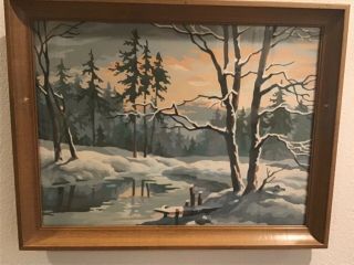 VTG Oak Framed 12” X 16” PAINT BY NUMBER Winter Landscape Painting “Snowy River” 2