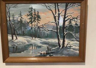 VTG Oak Framed 12” X 16” PAINT BY NUMBER Winter Landscape Painting “Snowy River” 3