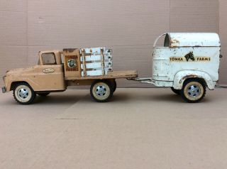 Pressed Steel Tonka Farm Stake Truck With Horse Trailer 1960’s Tonka Toy Truck