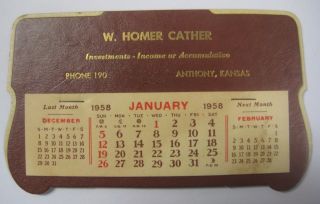 Vintage 1958 Desk Calendar Advertising W.  Homer Cather Investments Anthony,  Ks