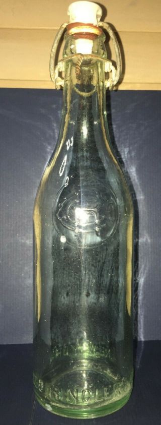Geo.  Ringler & Co.  Beer Ale Bottle W/porcelain Topper 9.  5 " Aqua Glass 1910 
