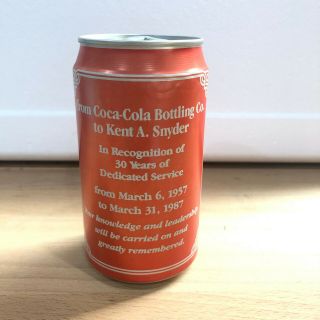 Kent A.  Snyder 30 Yrs Retirement Coca Cola Coke Can From Usa 1987 - Rare