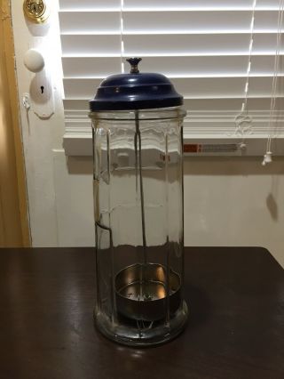 Vintage Gemco Soda Fountain Straw Dispenser Holder Blue Lid & Glass 11 " Tall