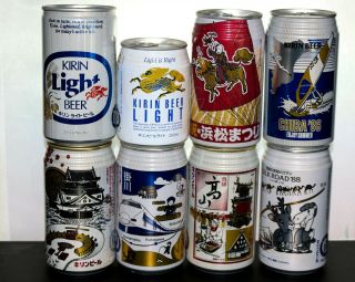 8 X Different Japanese Kirin Collectible And Special Edition Empty Beer Cans