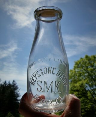 Scarce S.  M.  K.  Keystone Dairy Embossed Pint Pennsylvania Milk Bottle Irwin,  Pa.