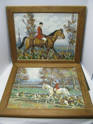 Rare Paint By Numbers Painting Vintage 60s Scenes Of Hunt Horses Hounds Framed