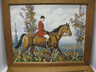 Rare Paint By Numbers Painting Vintage 60s Scenes of Hunt Horses Hounds Framed 2