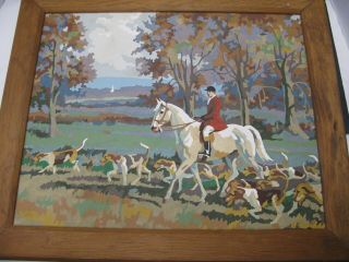 Rare Paint By Numbers Painting Vintage 60s Scenes of Hunt Horses Hounds Framed 3