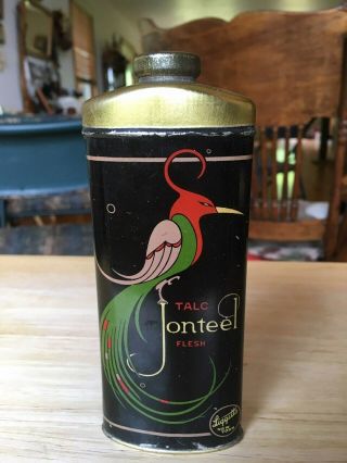 Vtg Jonteel Liggetts Talc Powder Exotic Bird Art Deco Tin Can Container