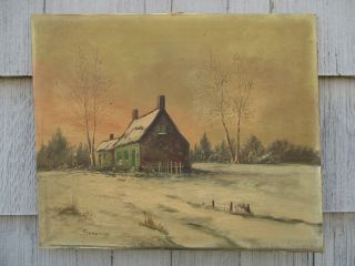 Old Vintage Signed Oil On Canvas Painting Of Old Stone House