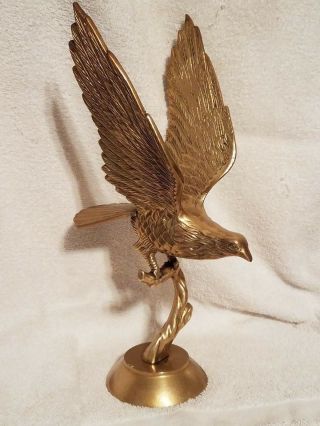 Vintage Large Solid Yellow Brass Bald Eagle On Branch Perch Round Base