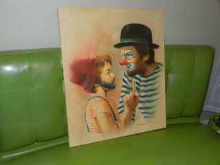 Vtg Mcm Large Clown & Boy Oil Painting On Canvas Artist Signed Hoppin