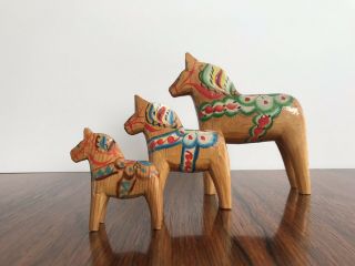 3 Dala Horses By Nils Olsson Sweden - Folk Art - Natural Wood