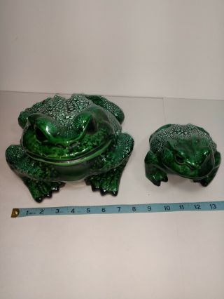 Vintage Arnels Large and Small Glazed Pottery 1970s Toad Frog Signed 8