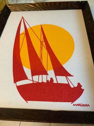 MARUSHKA sailboat VTG MID - CENTURY SILK SCREEN FABRIC ART PRINT 20 