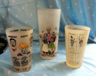 Xrare - Set Of 3 Vintage Frosted Bar Glasses Measurements,  Recipes Etched On - Fun