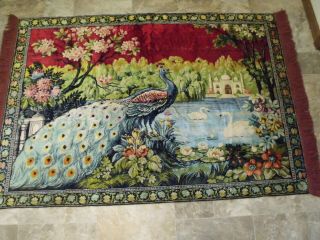 Vintage Peacock Red Rug Tapestry 48x72 Boho Mid Century