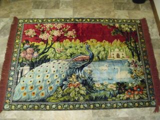 Vintage Peacock Red Rug Tapestry 48x72 Boho Mid Century 7