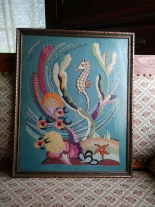 Antique Embroidered Decorative Ocean Scene Of Seahorse & Fishes Dated 1938.
