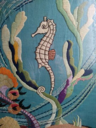 Antique Embroidered Decorative Ocean Scene of Seahorse & Fishes dated 1938. 2