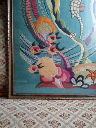 Antique Embroidered Decorative Ocean Scene of Seahorse & Fishes dated 1938. 5