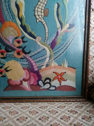 Antique Embroidered Decorative Ocean Scene of Seahorse & Fishes dated 1938. 6