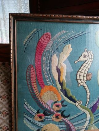 Antique Embroidered Decorative Ocean Scene of Seahorse & Fishes dated 1938. 7