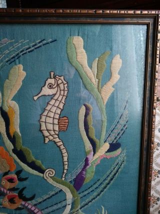 Antique Embroidered Decorative Ocean Scene of Seahorse & Fishes dated 1938. 8