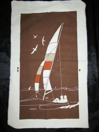 Marushka Sailboat Vtg Mid - Century Silk Screen Fabric Art Print 27 " X 14 1/2 "