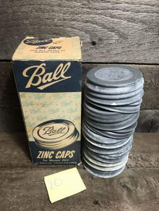 Vintage Ball Zinc Mason Jar Lids Caps Porcelain Lined,  Box W/ 10 Of 12
