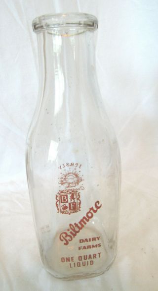 Biltmore Dairy Farms 1 Quart Milk Bottle,  Asheville,  Nc