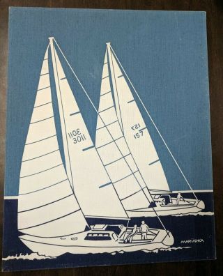 Authentic Vintage Sail Boats Marushka Silk Screen Stretched Art Print Wood Frame
