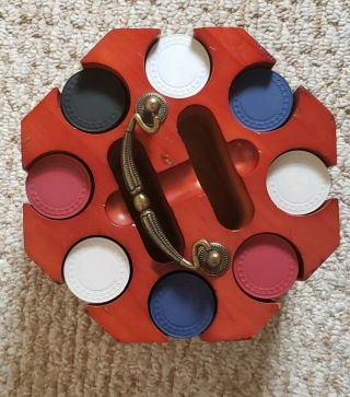 Vintage Mid Century Wood Spinning Poker Chip Carousel Card Caddy W Chips