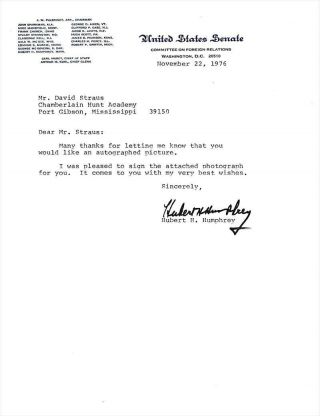 Hubert Humphrey - Tls From 1976 Signed