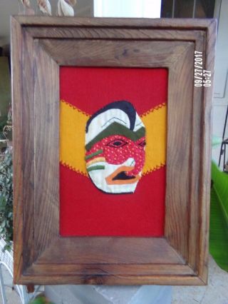 Voo - Doo Man Tribal Face Mask Embroidered African Felt Framed Cloth Wall Decor