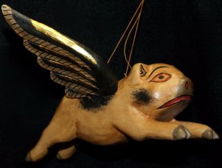 Balinese Flying Pig Mobile Winged Demon Chaser Handmade Carved Wood Bali Art 7 "
