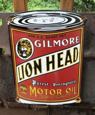 Vintage Stye Gilmore Lion Head Porcelain Sign Motor Oil Can Gasoline Pump Plate