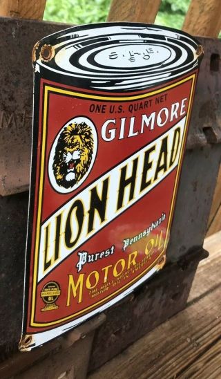 VINTAGE STYE GILMORE LION HEAD PORCELAIN SIGN MOTOR OIL CAN GASOLINE PUMP PLATE 2