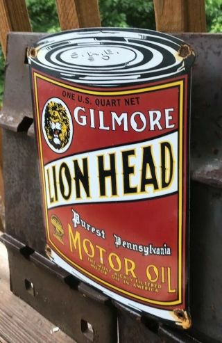VINTAGE STYE GILMORE LION HEAD PORCELAIN SIGN MOTOR OIL CAN GASOLINE PUMP PLATE 3