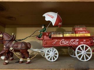 Vintage Coca Cola Cast Iron Horse Drawn Wagon Umbrella Cases Bottles Coke