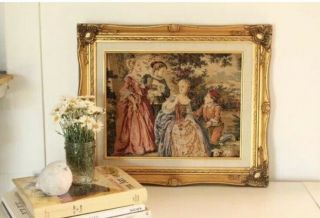 Vtg One Of A Kind Ornate 3D Embroidered Tapestry Gold Framed French Rococo Art 2
