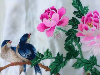 Japanese Silk Embroidery On Satin Blue Love Birds Pink Flowers Frame Or Pillow