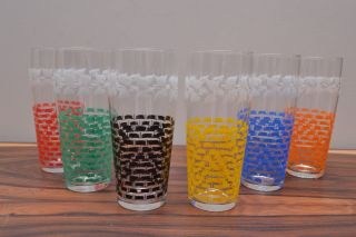 Stunning Set Of 6 Colourful Design Mid Century Vintage Drinking Glasses