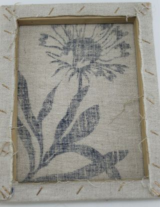 Vintage MARUSHKA Screen Print Stretched Fabric Art Beige & Blue Flowers 8 