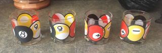 Set Of 4 Vintage Billiards Pool Ball Low Ball Glasses Cocktail Drink Glassware