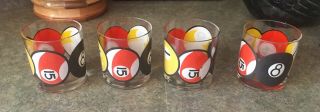 Set of 4 Vintage Billiards Pool Ball Low Ball Glasses Cocktail Drink Glassware 4