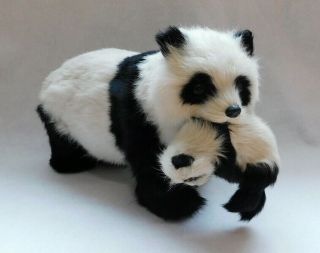 Vtg Panda Bear Figure Mama Carrying Baby Real Rabbit Fur Figurine 12x7 " Cute
