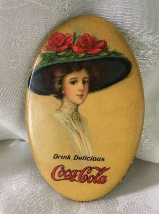 Antique Coca Cola Advertising Celluloid Pocket Mirror 5 Cents Postage