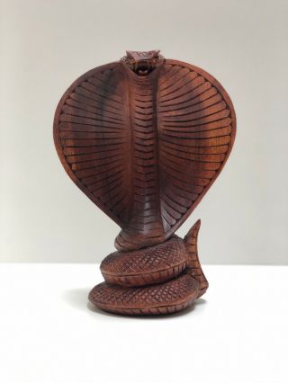 Hand Carved Cobra Snake Statue 8”t Solid Wood Carving By Zenda Imports