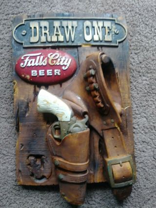 Vintage Rare Falls City Beer Advertising Display Sign " Draw One " Gun & Holster
